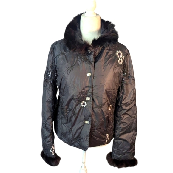 Embellished sequin embroidery faux fur trim black Warm Jacket Todd Smith  Sz M - Picture 10 of 13